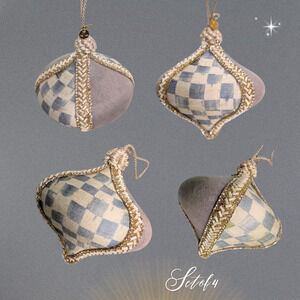 Mackenzie Childs Sterling Check Ornament Gray Velvet Patchwork Onion, Set of 4